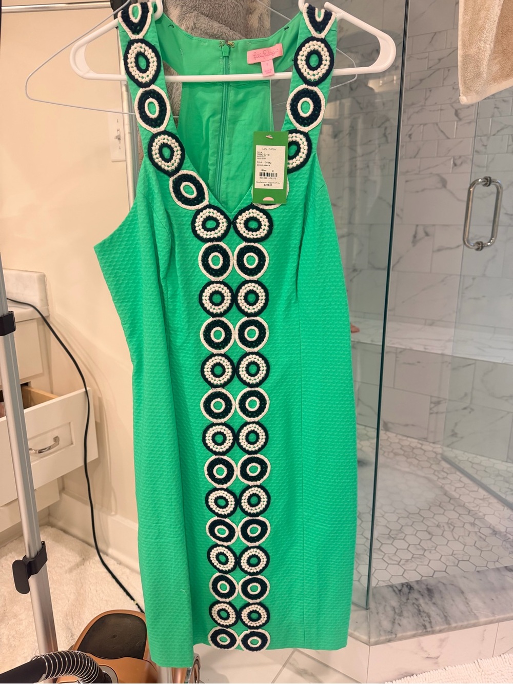 Lilly Pulitzer Bright Green Sheath Dress with Navy & White Circle Trim